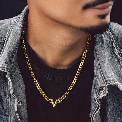 Gold Initial Letter Cuban Link Chain Necklace for Men