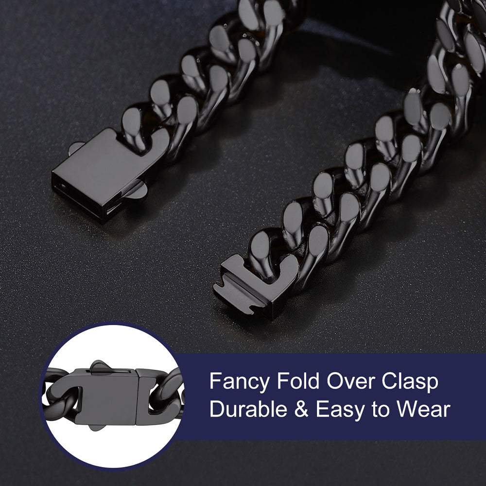 Black miami cuban chain and bracelet with a fancy fold over clasp on a dark background