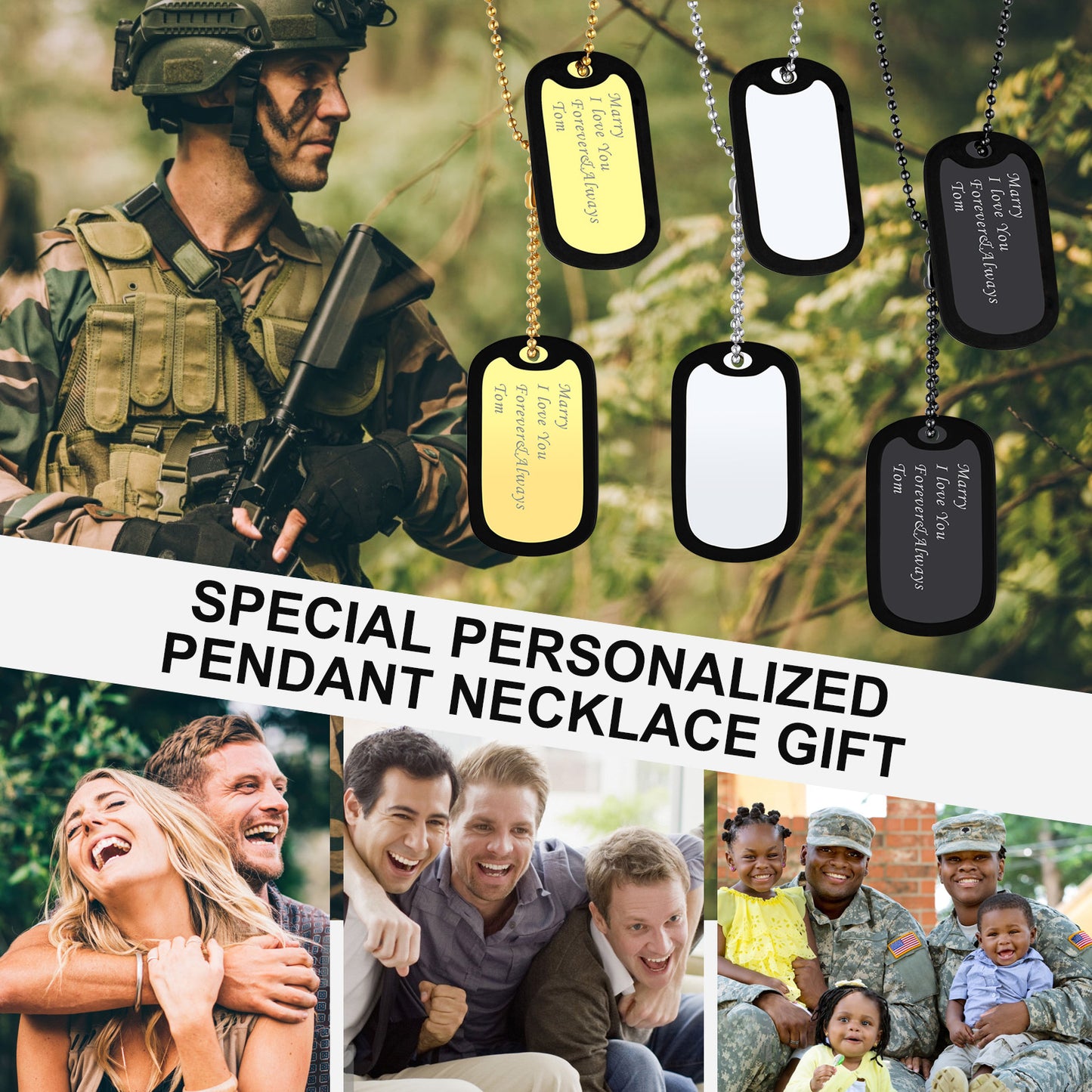 Personalized Dog Tag Necklace Gift for Men, Engraved message, Military style