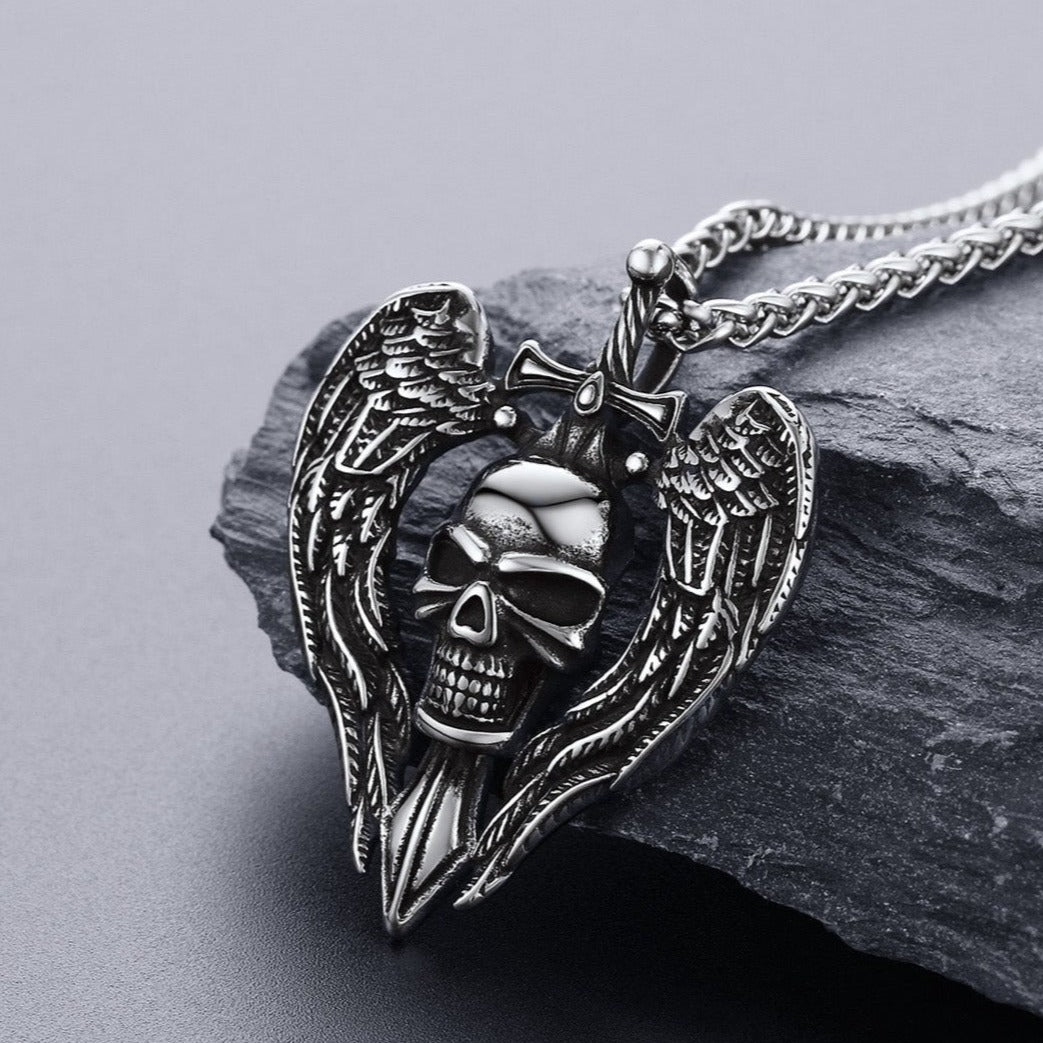 FaithHeart Gothic Sword Winged Skull Pendant Necklace FaithHeart