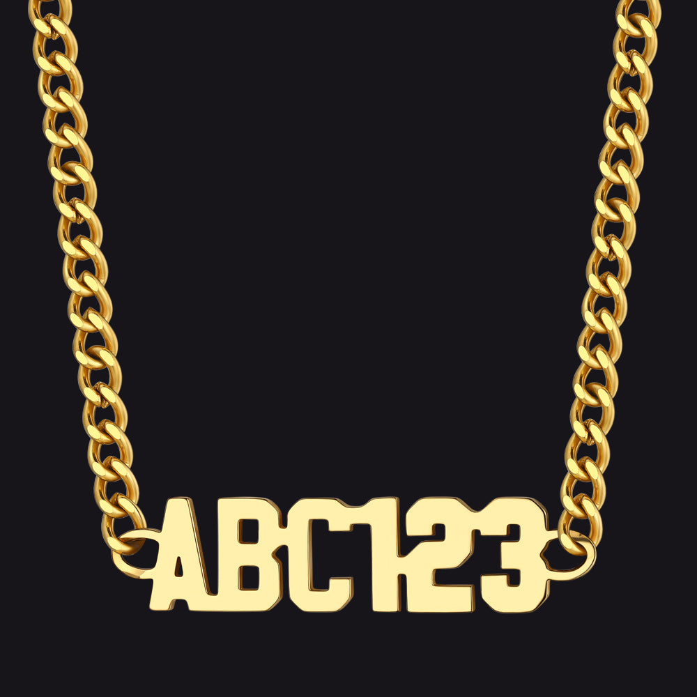 Gold chain necklace with 'ABC123' pendant on a black background