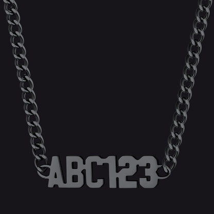 Black chain necklace with 'ABC123' letters on a black background