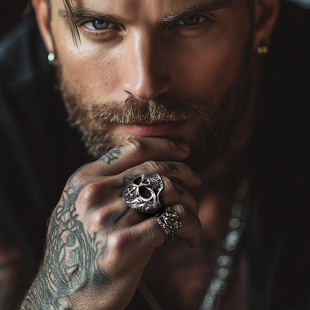 Biker Punk Cross Sugar Skull Ring for Men