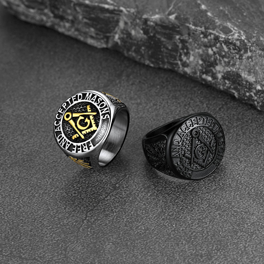 FaithHeart Masonic Round Shape Stainless Steel Mens Signet Ring FaithHeart