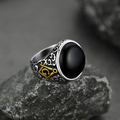 FaithHeart Black Onyx Ring Masonic Signet Ring Stainless Steel Retro Style Biker Rings FaithHeart