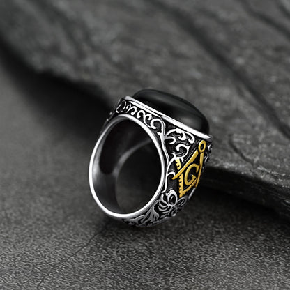 FaithHeart Black Onyx Ring Masonic Signet Ring Stainless Steel Retro Style Biker Rings FaithHeart