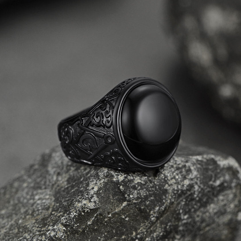 FaithHeart Black Onyx Ring Masonic Signet Ring Stainless Steel Retro Style Biker Rings FaithHeart