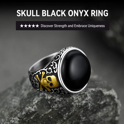 Black Onyx Signet Ring with Skull for Men