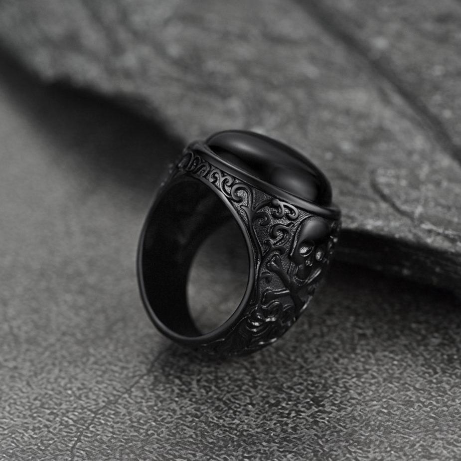 Bandmax Black Onyx Rings Vintage Style Stainless Steel Skull Signet Ring FaithHeart