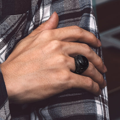 Black Onyx Signet Ring with Skull for Men