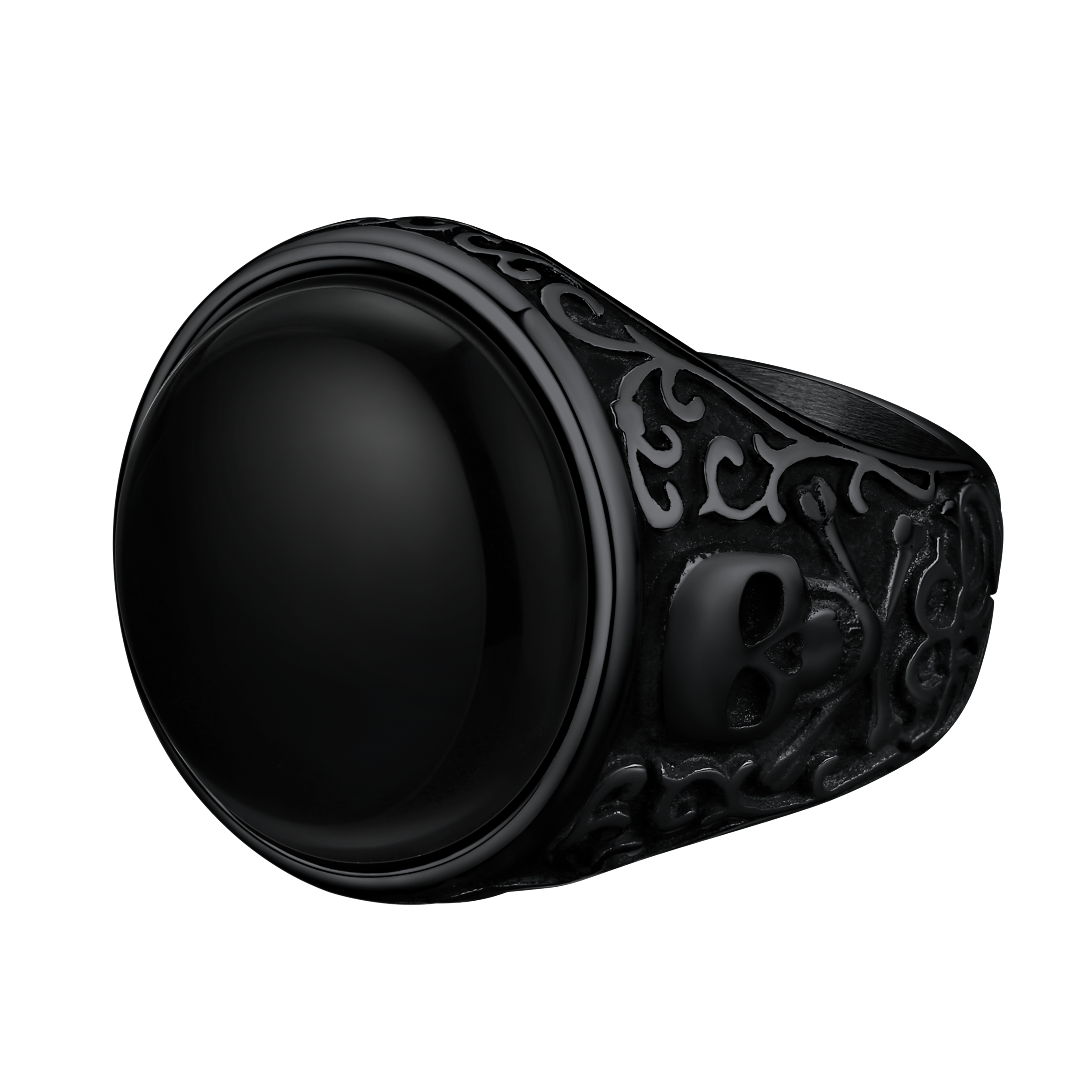 Black Onyx Signet Ring with Skull for Men