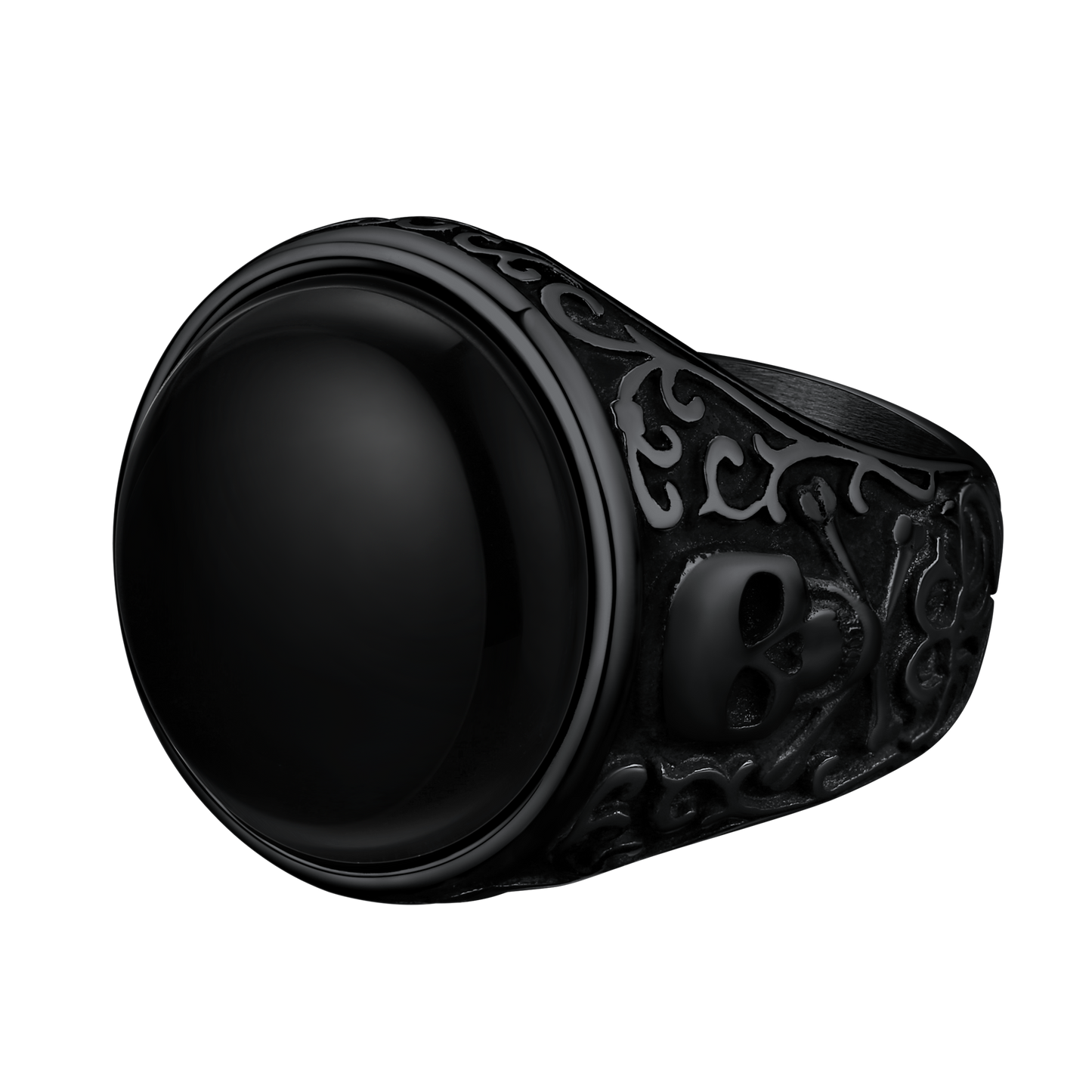 Gothic Black Onyx Signet Ring with Skull for Men