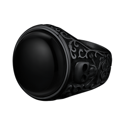 Black Onyx Signet Ring with Skull for Men