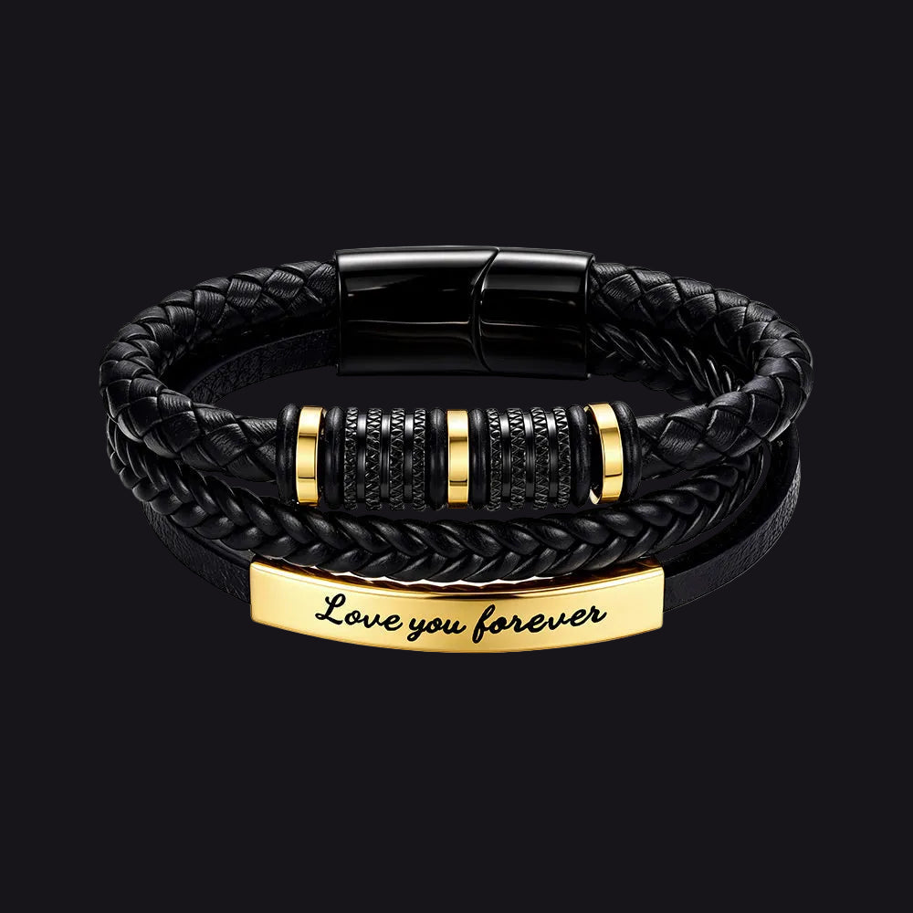 Black braided leather bracelet with a gold-plated rectangular plate engraved with 'Love you forever'.