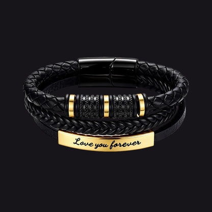 Black braided leather bracelet with a gold-plated rectangular plate engraved with 'Love you forever'.
