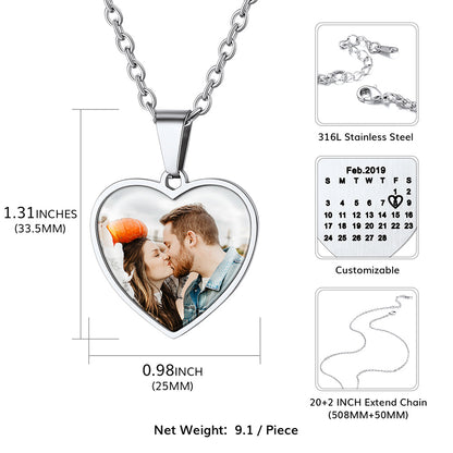 Customized Heart Photo Picture Necklace with Calendar for Women