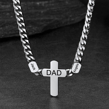 Silver necklace with a cross pendant and engraved names 