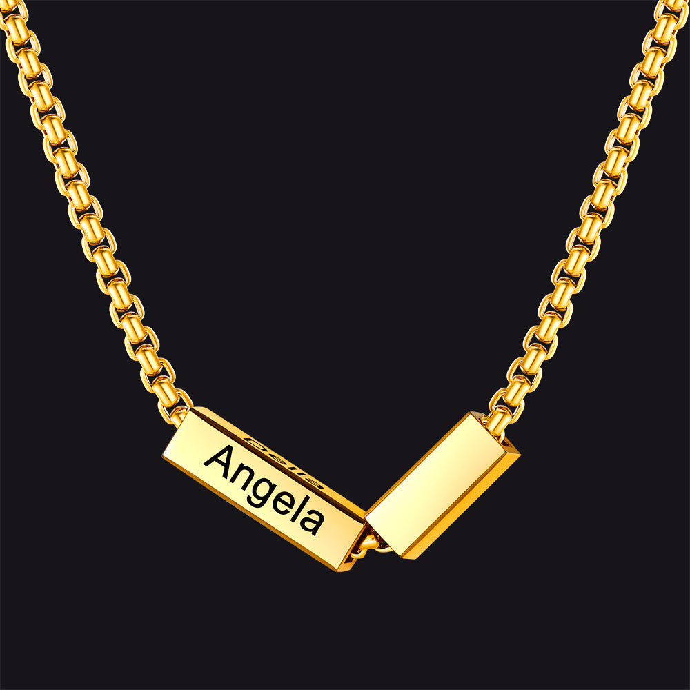 Gold personalized Cuban link chain necklace with engraved name bars