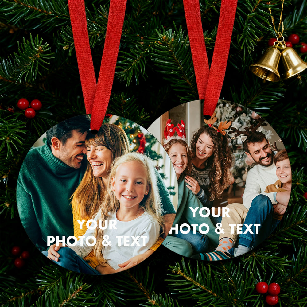 Personalized Christmas ornament with family 2 photos and text overlay on a festive background.