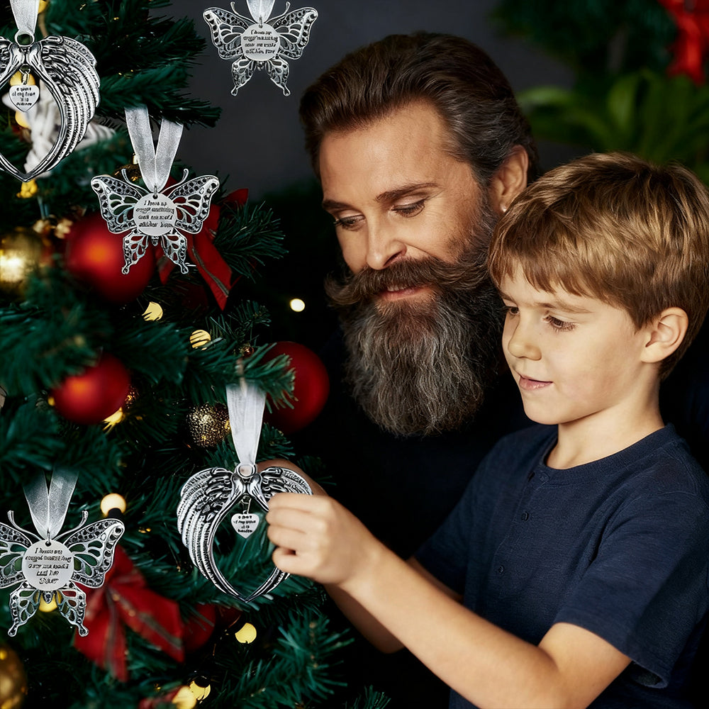 Man and child looking at a Christmas tree with angel ornaments.
