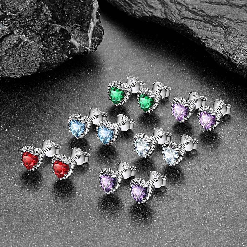 Sterling Silver Birthstone Heart Halo Stud Earrings for Women Men