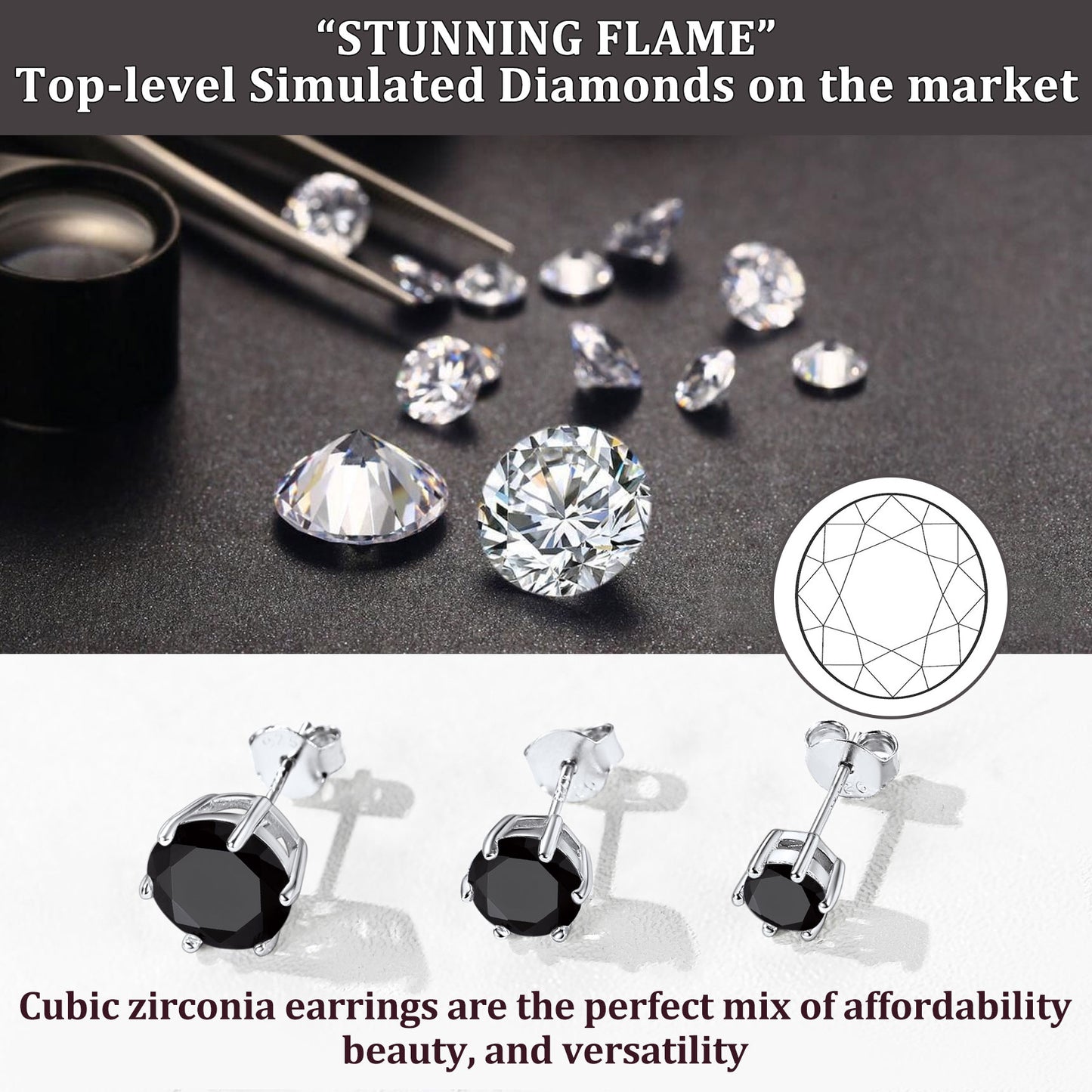 Flash Sale Sterling Silver Black Cubic Zirconia Stud Earrings 5mm 7mm 9mm
