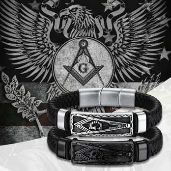 Masonic Compass Braided Black Leather Bracelet For Men Father Husband