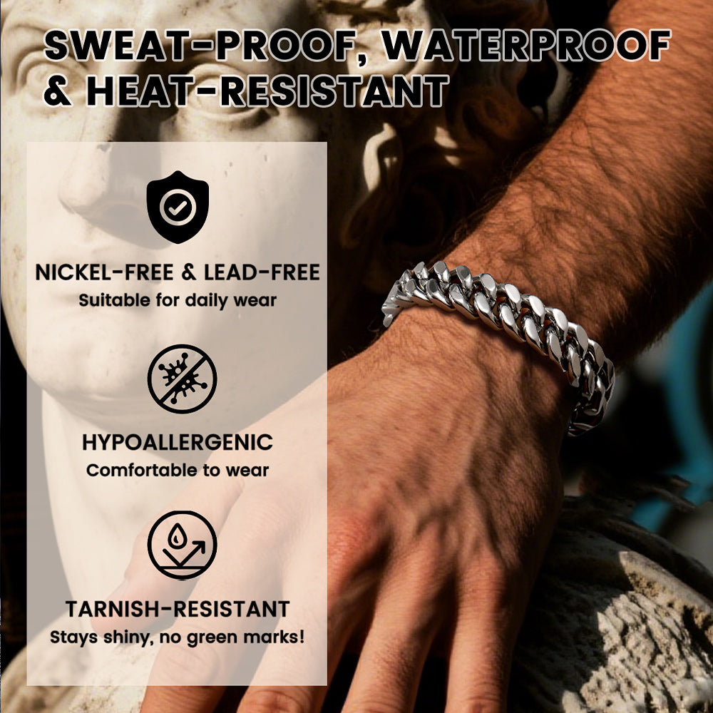 Hand wearing a silver chain bracelet with product features highlighted