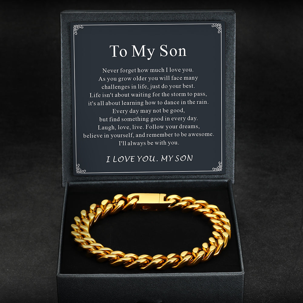Gold chain bracelet in a black box with a message for a son 