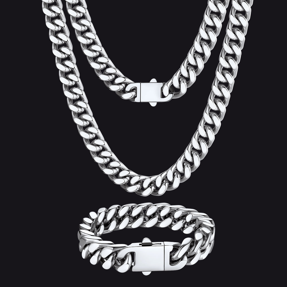 12mm miami cuban link chain and bracelet jewelry set for men