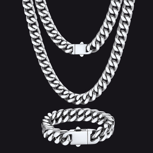 12mm miami cuban link chain and bracelet jewelry set for menimg