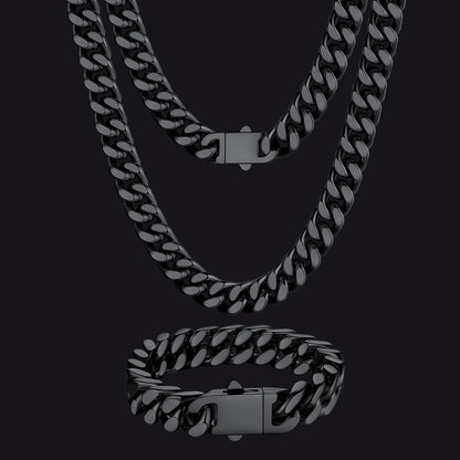 Black chain necklace and bracelet set on a black background