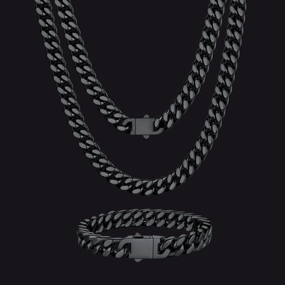 9MM Miami Cuban chain and bracelet set for men in black finish
