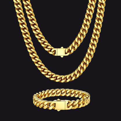 9MM Miami Cuban chain and bracelet set for men in gold tone