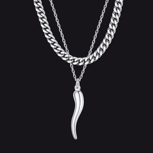 Miami Cuban Chain & Cornicello Italian Horn Pendant Set for Menimg