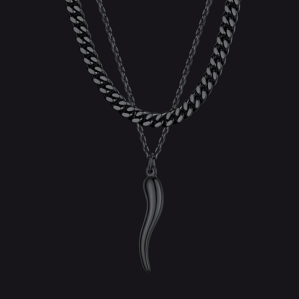 Miami Cuban Chain & Cornicello Italian Horn Pendant Set for Men