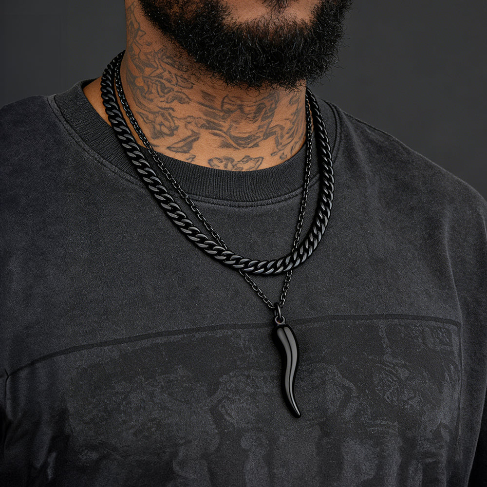 Miami Cuban Chain & Cornicello Italian Horn Pendant Set for Men