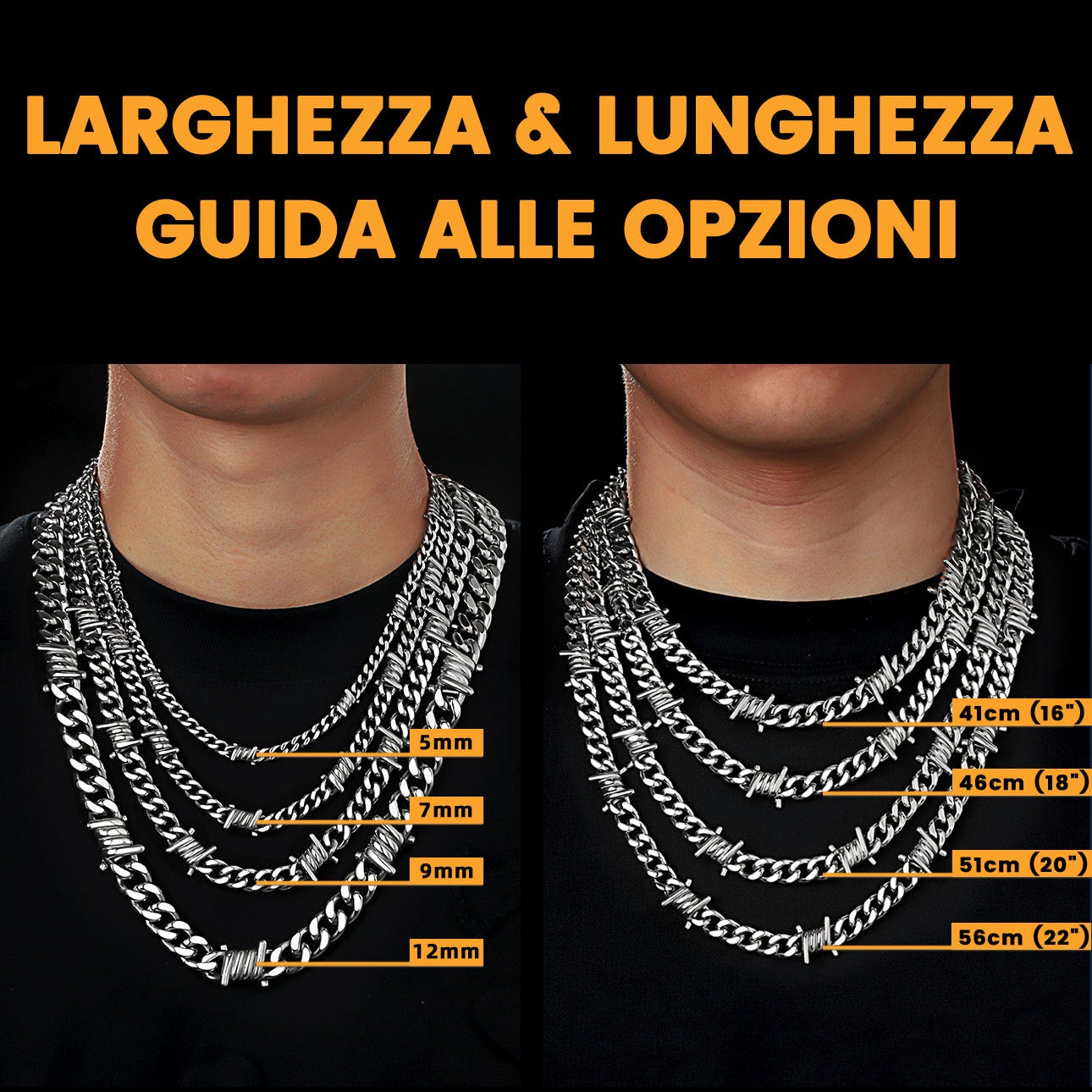 Chain necklace size guide with measurements on a black background