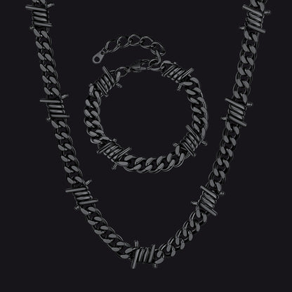 9MM barbed wire Cuban chain and bracelet set in matte black