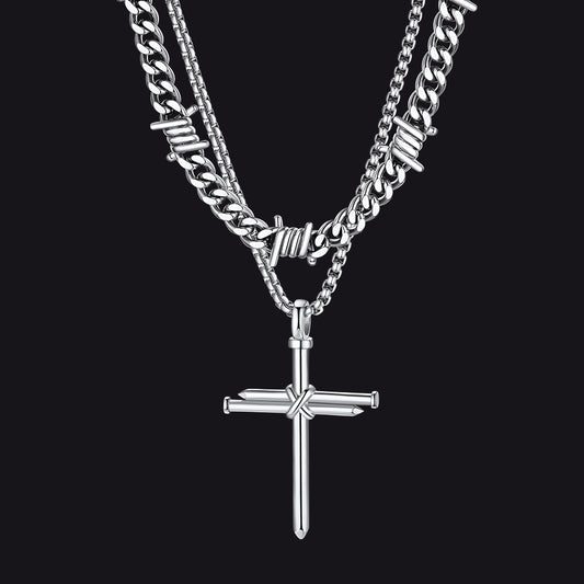 Gothic stainless steel necklace set with barbed wire and crossimg