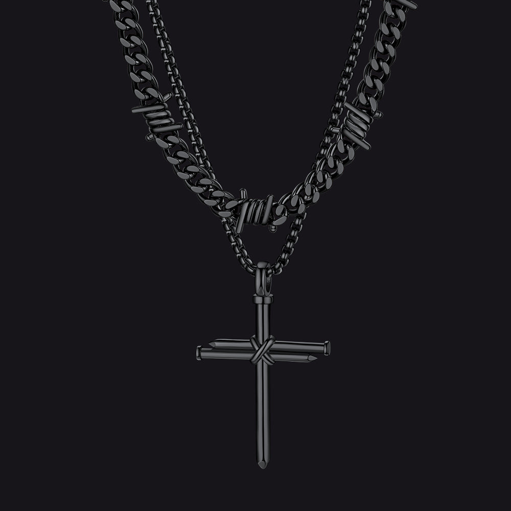 Black Barbed wire Cuban chain with nail cross layered pendant for men
