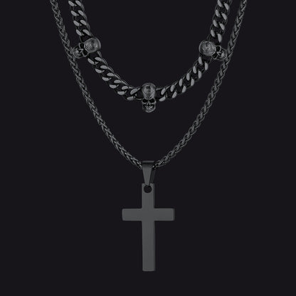 Black Gothic layered necklace with cross and skull charm