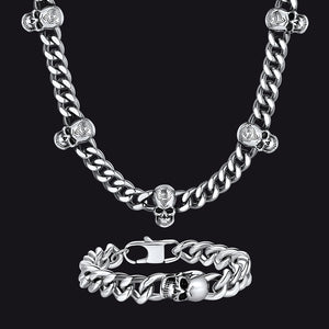 Gothic Skull Cuban Link Chain & Bracelet Set for Men