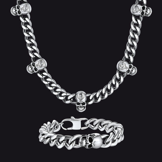 Gothic Skull Cuban Link Chain & Bracelet Set for Menimg