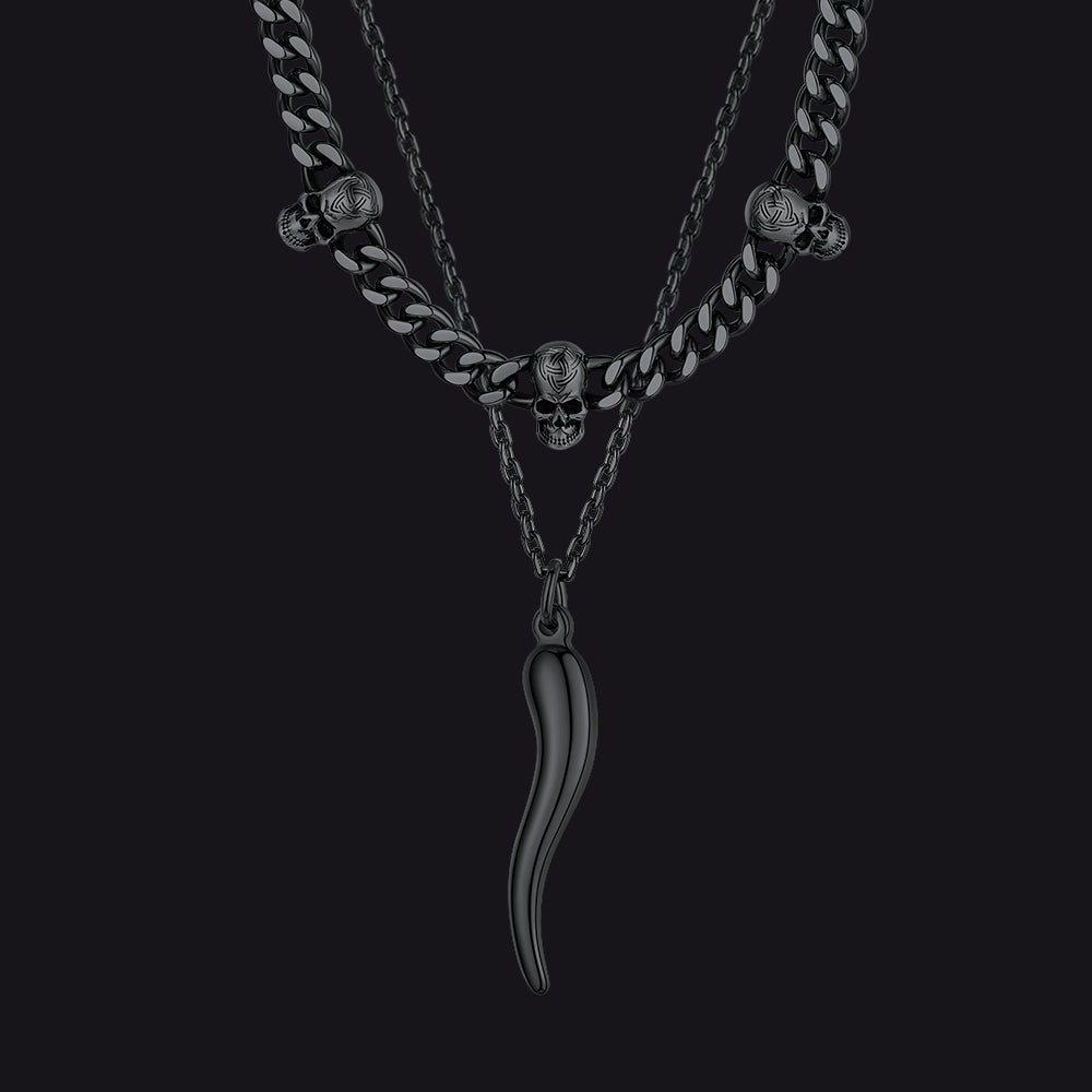 Men’s layered necklace with skull and protective Italian horn