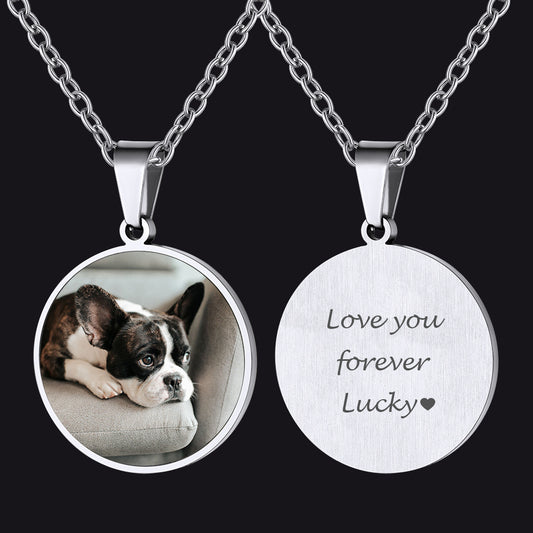 Pet memorial necklace with a photo of a dog on one side and 'Love you forever Lucky' img