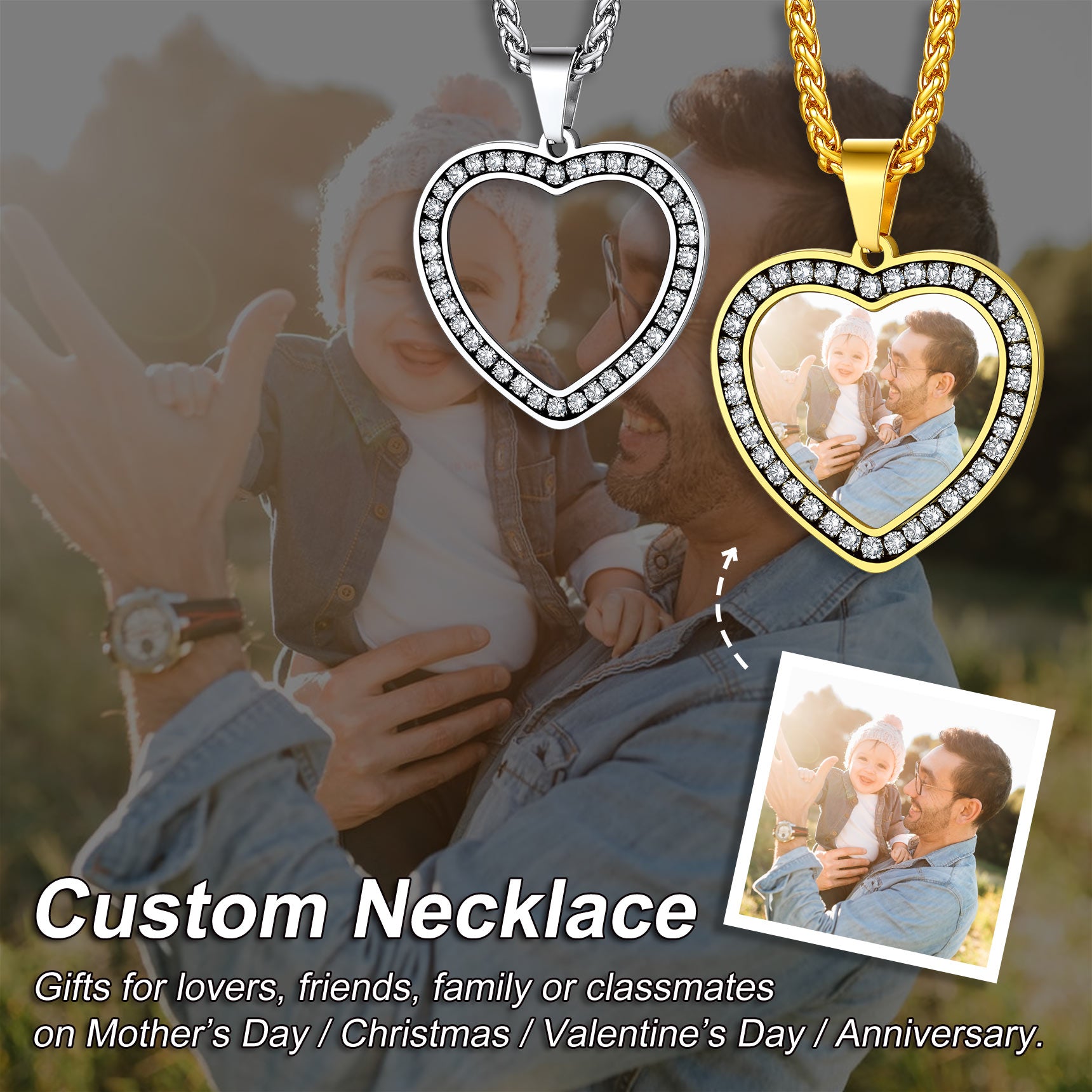 Heart-shaped custom necklaces with family photos on a blurred background of a couple holding a child.