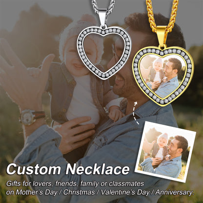 Heart-shaped custom necklaces with family photos on a blurred background of a couple holding a child.