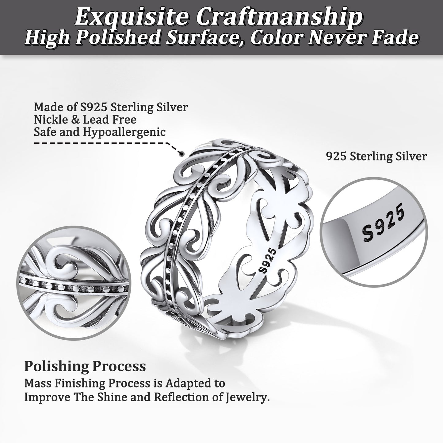 Bague en argent sterling avec nœud celtique et feuille de vigne en filigrane pour femme