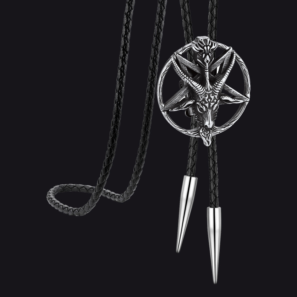 FaithHeart Baphomet Pentagram Genuine Leather Vintage Necktie for Men FaithHeart
